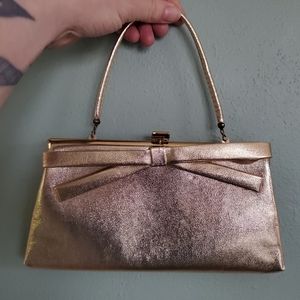 Vintage After Five Brand Gold Handbag/Clutch with Bow Small. F-054.
